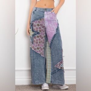 NWT Blue Velvet Contrasting Fabric Pants with Star Patches And Exposed Seams